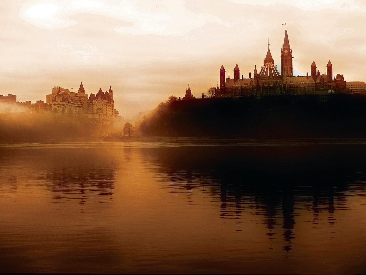 Rideau Canal history - Ottawa River and Parliament buildings in sepia